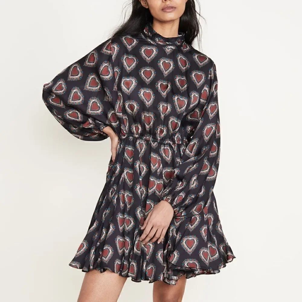 RHODE Caroline Heart Print Mock Neck Mini Dress size S